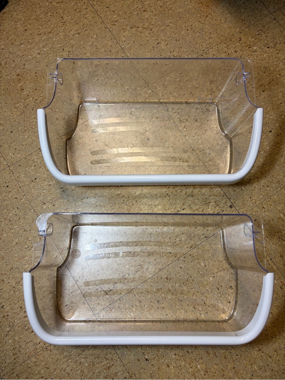 2 Frigidaire Gallery Clear Plastic White Trim Refrigerator Door Bin Shelf OEM